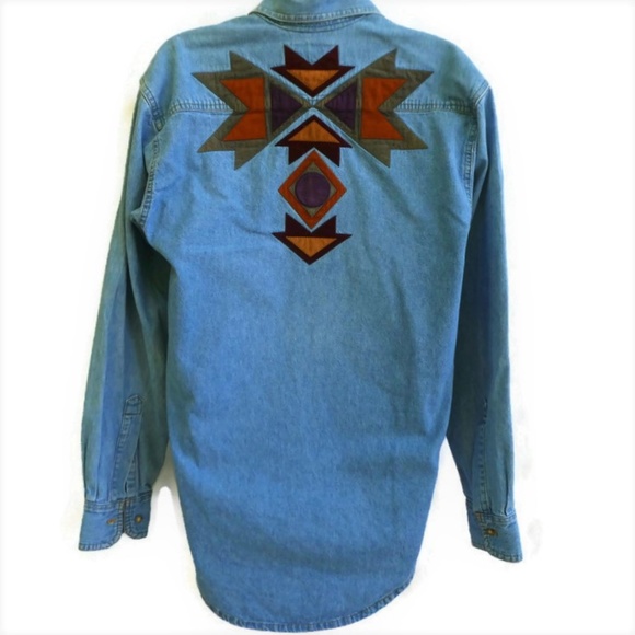 Sundance Denim Wear Shirt Vintage USA Aztec Appliq - Picture 4 of 8